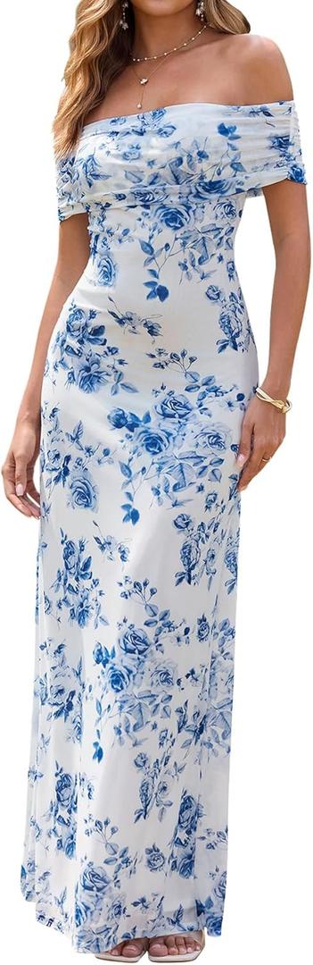 KUTUMAI Women Off Shoulder Bodycon Maxi Long Dress Mesh Ruched Elegant Formal Wedding Guest Dresses (Small, Bluefloral)