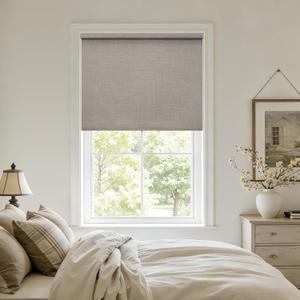Blackout Blinds Cordless Roller Shades for Bedroom Windows Free-Stop Thermal Insulated 100% Black Out Linen Roller Shades Blinds for Office Living Dining Room, Greyish Beige Burlywood Birch W35xH72