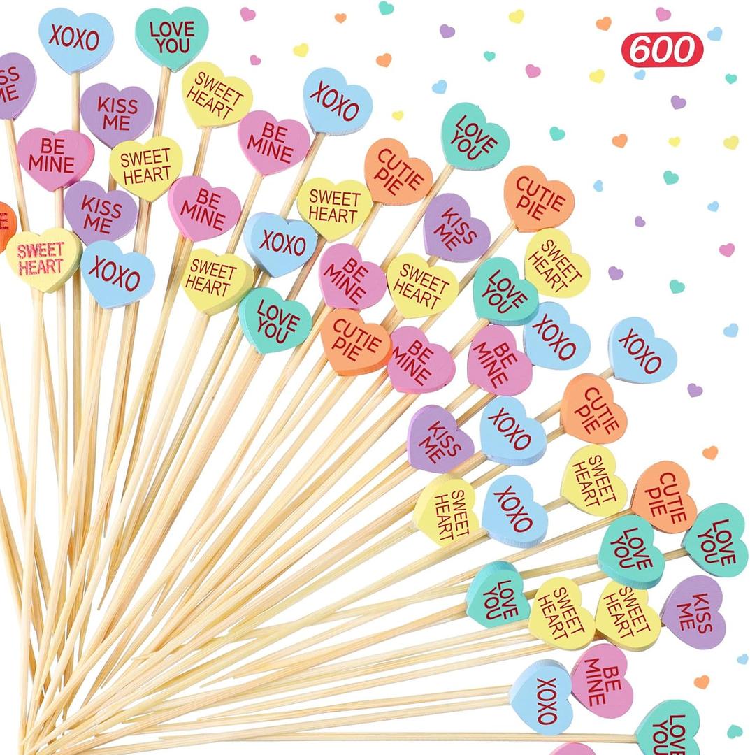 Maxcheck 600 Pcs Valentine's Day Cocktail Picks 4.7" Assorted conversation Hearts Bamboo Toothpicks Food Skewers for Appetizers Fruit Sticks for Party Decoration, 6 Styles(Colorful,Heart)