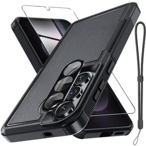for Samsung Galaxy S26 Case with Screen Protector+Camera Lens Cover,Military Grade Heavy Duty Shockproof Phone Cover with Wrist Lanyard Strap for Samsung S26,Black Matte