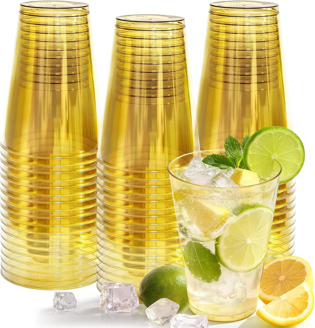 12 oz Clear Plastic Cups Disposable Gold Plastic Cocktail Glasses 50 Pack Drinking Disposable Wine Cups for Party Birthday Wedding Graduation