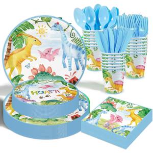 Dinosaur Birthday Party Supplies - 175PCS Dinosaur Themes Party Tableware Set, Bithday Disposable Paper Plates Cups and Napkins For Boys Kids Birthday Baby Shower Decorations, Serve 25