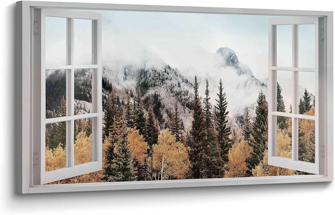 Foggy Forest Wall Art Canvas: Window View Pine Tree Nature Landscape Picture Print Decor Horizontal Misty Mountain Painting Large Woodland Scenic Artwork for Bedroom Living Room Home Office (40"L x 20"W)
