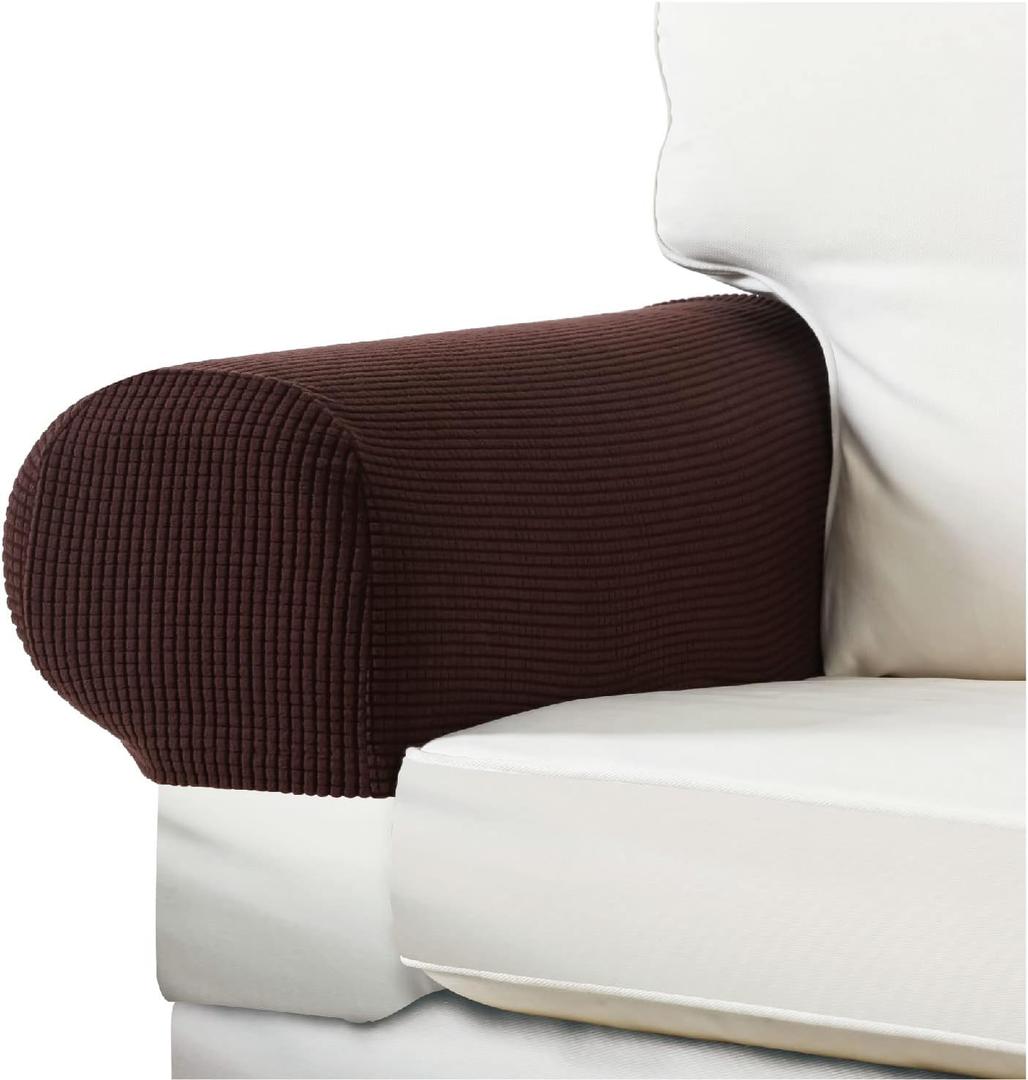 Couch Arm Covers - Stretch Armchair Cover Polyester Office Chair Armrest Covers for Sofa, Anti-Stain and Washable Arm Chair Slipcover - Coffee - Pack of 2
