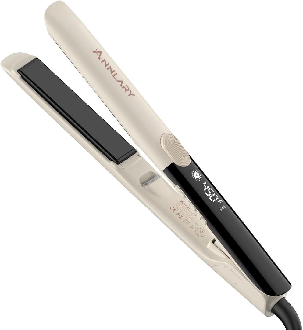 Annlary Hair Straightener 1 Inch Flat Iron and Curler 2 in 1 Titanium Ceramic Ionic Dual Voltage Straightener with Heat-Resistant Silicone, for Less Frizz, Shinier & Smoother (Beige)