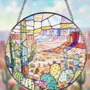 Stained Glass Window Hanging Suncatchers with Desert Cactus 12.6", Vibrant Glass Panel with Metal Chain for Home Decor Gift for Women Mother's Day, Birthday, Men, and Mom