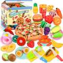 70PCS Pretend Play Food Sets for Kids Kitchen Toys Accessories Set BPA Free Plastic Pizza Toy Food Fruits and Vegetables Dishes Playset Christmas Birthday Gift Toys for Toddlers Boys Girls Storage Box