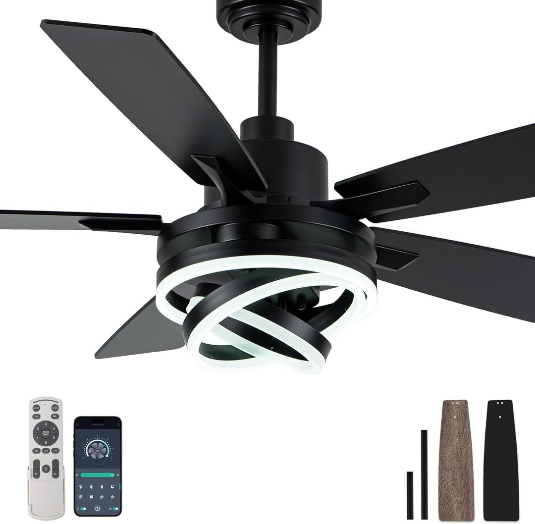 Bella Depot 52" Modern Black Ceiling Fan with Light and Remote, Chandelier Fan Light for Living Room Bedroom Office Indoor Patio