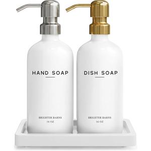 Luxury Glass Hand and Dish Soap Dispenser Set by Brighter Barns - Kitchen Soap Dispenser Set with Tray for Kitchen Sink - White and Gold Home Accessories & Decor for Restaurants, Airbnb, Gift