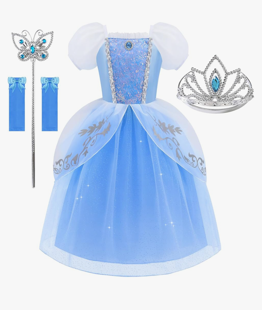 Princess Dress for Girls Puff Sleeves Princess Costume Blue Fancy Dress Up for Halloween Cosplay Party Carnival 4T-4/110