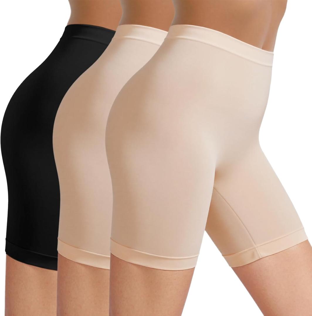 Shorts for Under Dresses Women High Waisted Anti Chafing Seamless Dress Shorts for Women 3 Pack (Large, 1 Black/2 Beige)