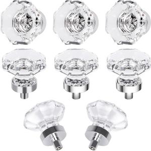 8 Pcs Crystal Glass Cabinet Knobs, Octagon Polished Chrome Clear Drawer Pulls and Knobs for Cabinet Kitchen Dresser Bathroom Cupboard