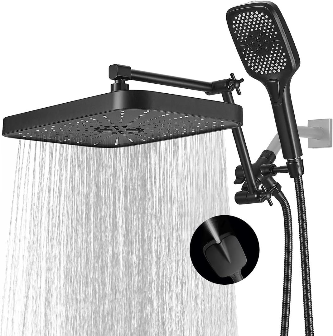 14 Inch Large Shower Head with Handheld Spray Combo and Extention Arm, Rain Rainfall Waterfall High Pressure Shower Heads, Modern Showerhead with 3-Way Diverter - Height/Angle Adjustable(Matte Black)