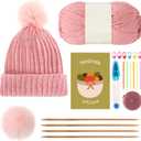 GliCraft Knitting Kits for Beginners Adults Hat Knit Kit with Yarn, Knitting Needles, Faux Pom, Scissors, Measuring Tape Practical and Easy to Use Complete Beginners for Women Men Present(Dark Pink)
