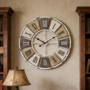 Distressed Metal Wall Clock 24 Inch, Industrial Vintage Roman Numerals, Weathered Iron Frame Farmhouse Office Cafe Decor