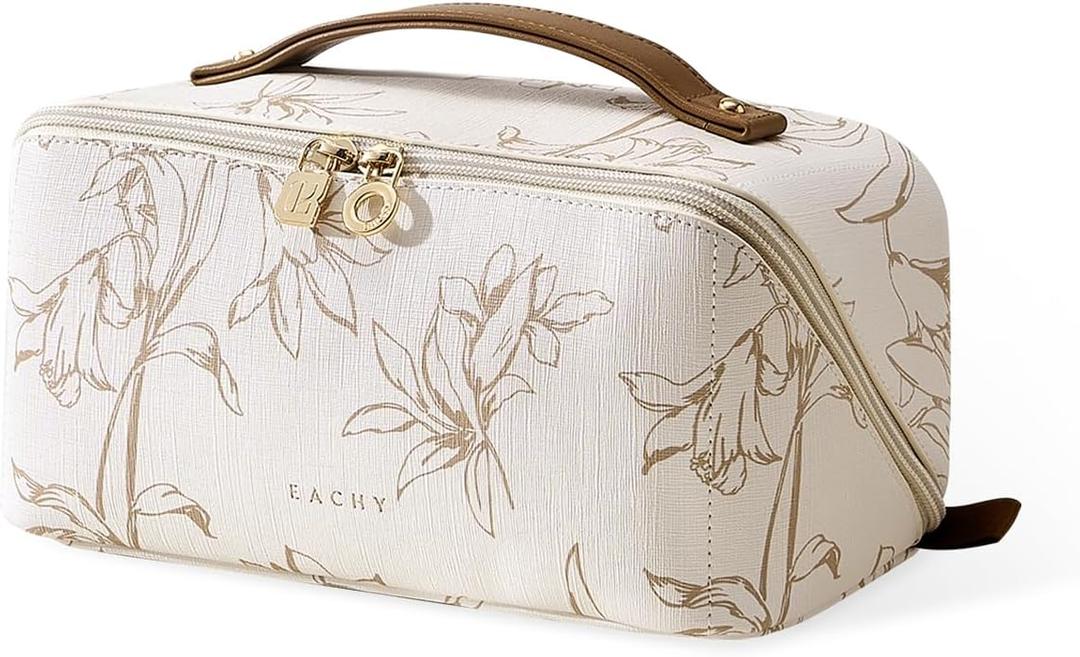 EACHY Travel Makeup Bag, Large Capacity Cosmetic Bags for Women, Waterproof Portable Pouch Open Flat Toiletry Bag Pattern Make up Bag (F-Beige)