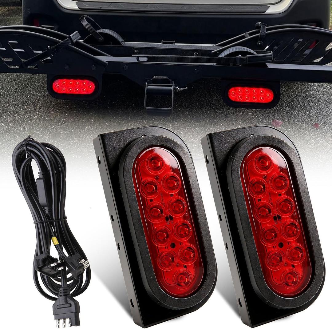 Partswcgg 6" Inch Oval Led Trailer Hitch Cargo Carrier Tail Lights Kit, 2Pcs 6" Inch Red Oval Led Stop Turn Brake Tail Lights Flush Mount Grommet w/Oval Mounting Brackets 4 Pin Wiring Harness Plug