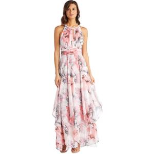 R&M Richards Women's Floral Chiffon Maxi Dress - Sleeveless Halter Neck & Hankie Hem Flowy Daytime Spring Summer Wear (12, Pink)