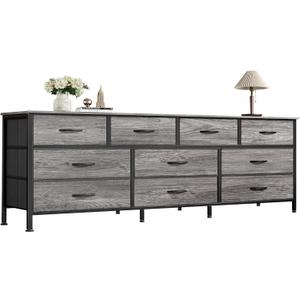 Huuger 63 Inch Dresser for Bedroom, Long Dresser with 10 Fabric Drawers, TV Stand for 55, 65, 70 Inch TV, Toy Storage Organizer for Closet, Grey