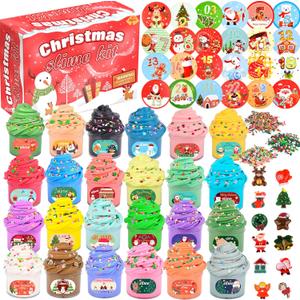 Christmas Slime Kit  24 Pack Butter Slime Party Favors for Slime Lovers, Xmas Stickers & Charms, Christmas Stocking Stuffers for Kids, Super Soft, NonSticky, DIY Surprise Slime for Girls & Boys