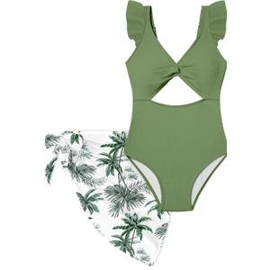 Girls One Piece Swimsuit Cut Out Ruffle Bathing Suit Twist V Neck Swimwear Solid Color with Cover Up Skirt, 15-16Y