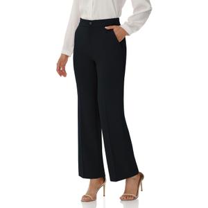 Soojun Women's Flat Front Wide Leg Pants Business Casual Trousers Office (Black)