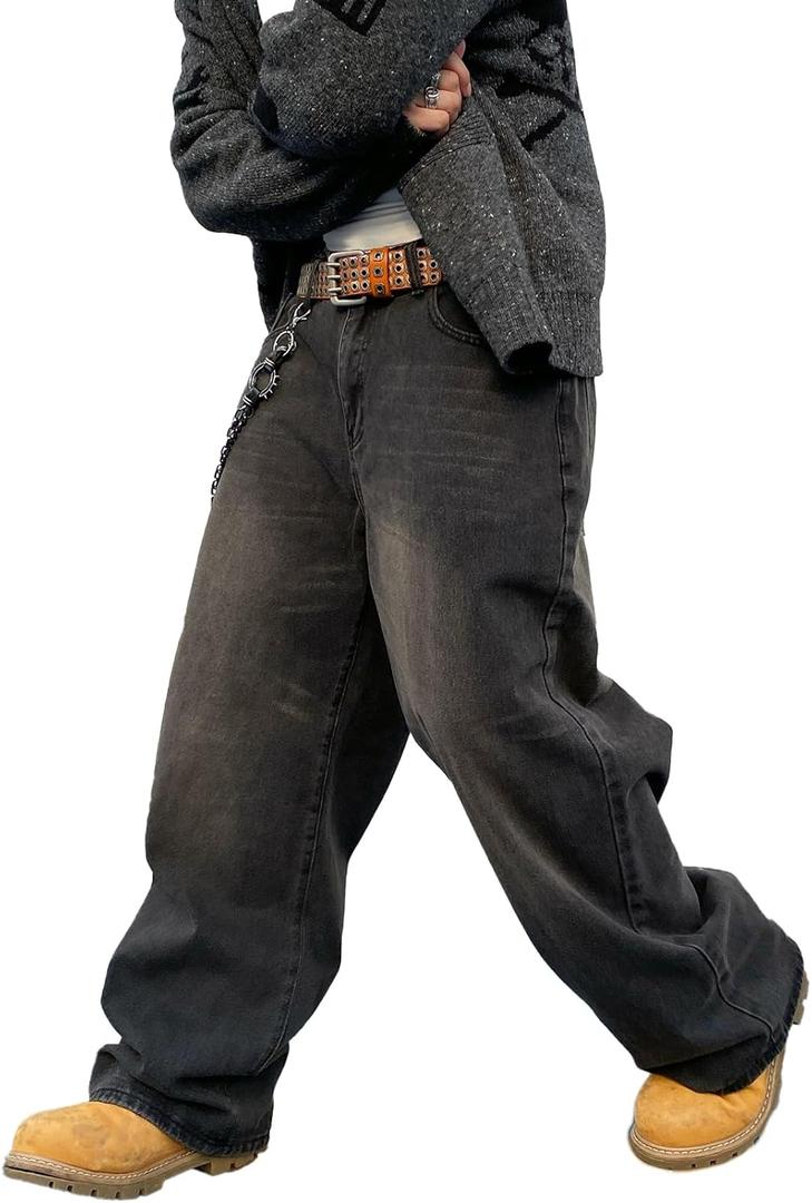 Men's Baggy Hip Hop Jeans Wide Leg Skater Denim Pants Casual Loose Fit Long Trousers Streetwear (A10 Black) XS