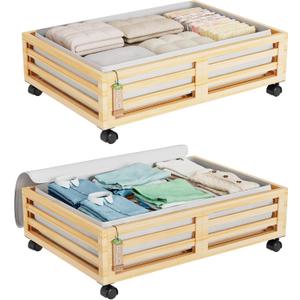 Wisuce Bamboo Under Bed Storage Containers- Underbed Organizer with Wheels with Large Dust Bag,Sturdy Wood Rolling Under the Bed Shoe Storage Organizer Drawer 2 Packs (Nature, Small)