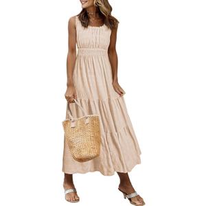 AlvaQ Women Summer Dresses Sleeveless Smocked Midi Dress High Waist Casual Tiered A Line Sundress with Pockets (L)