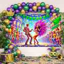 Festival Carnival Banner Mardi Gras Party Backdrop Masquerade Photoshoot Photography Background Purple New Orleans Mask Mardi Gras Party Decorations Banner Photo Booth Props (Feathered Mask#006)