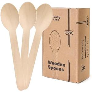 Pantry Value [100 Count] Wooden Spoons Disposable, Splinter-free Biodegradable Spoons, Eco-friendly, Compostable Utensils for Outdoors, Parties, and events