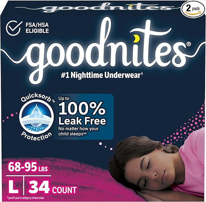 Goodnites Girls' Nighttime Bedwetting Underwear, Size Large (6895 lbs), 34 Ct (2 Packs of 17)