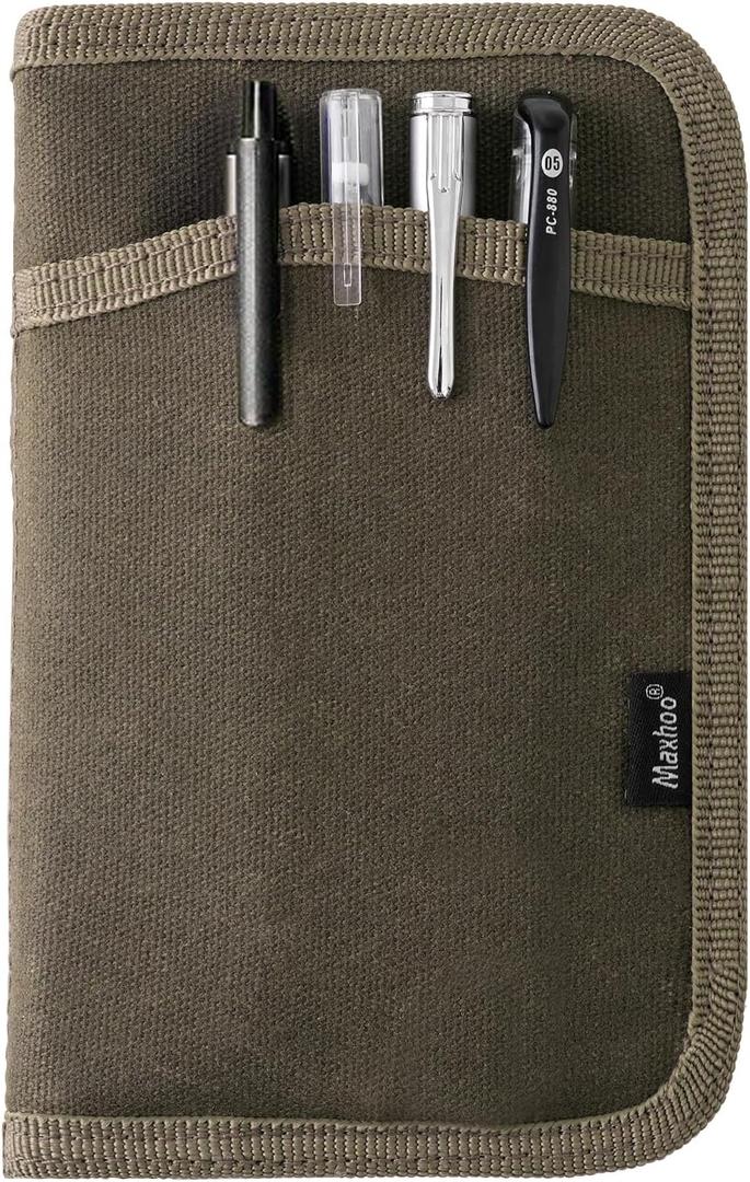 Journal Cover for Field Notes & Moleskine Cahier 3.5 x 5.5, Waxed Canvas Notebook Planner Sketchbook Cover with Zipper Pen Holder (Olive)