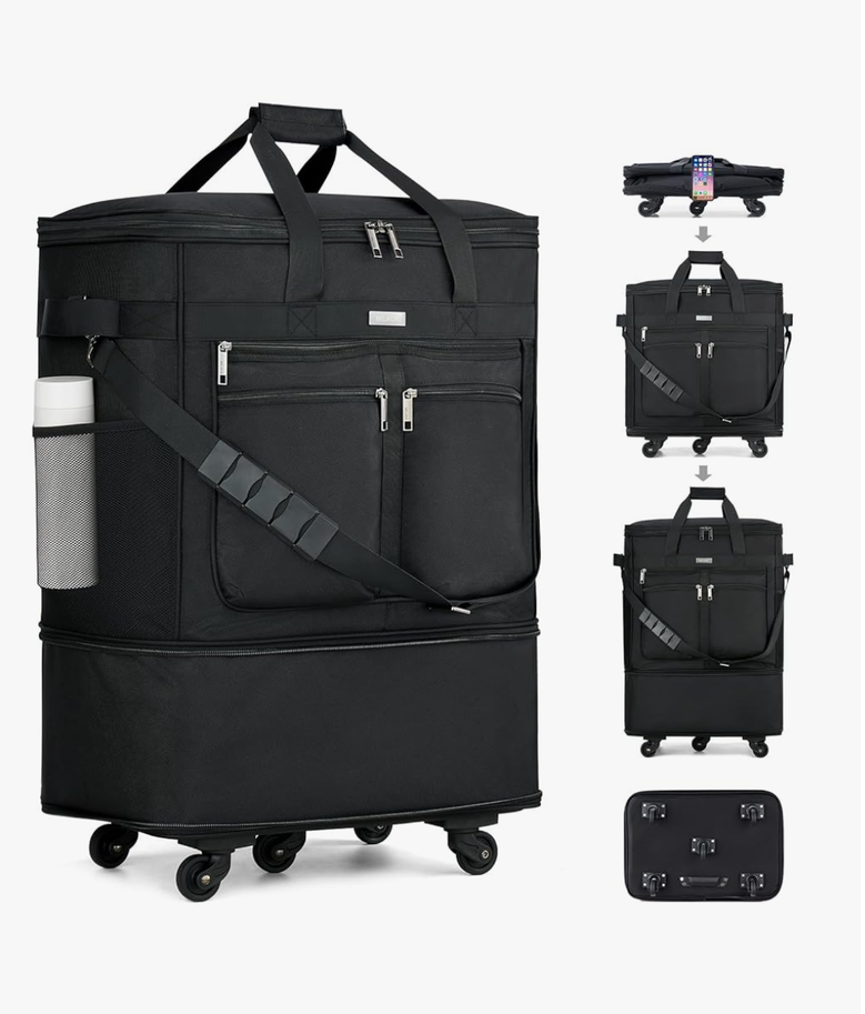 HANKE Expandable Luggage Bags for Travel Foldable Suitcase with Wheels Collapsible Rolling Travel Duffle Bag Lightweight Large Suitcases without Telescoping Handle, Black