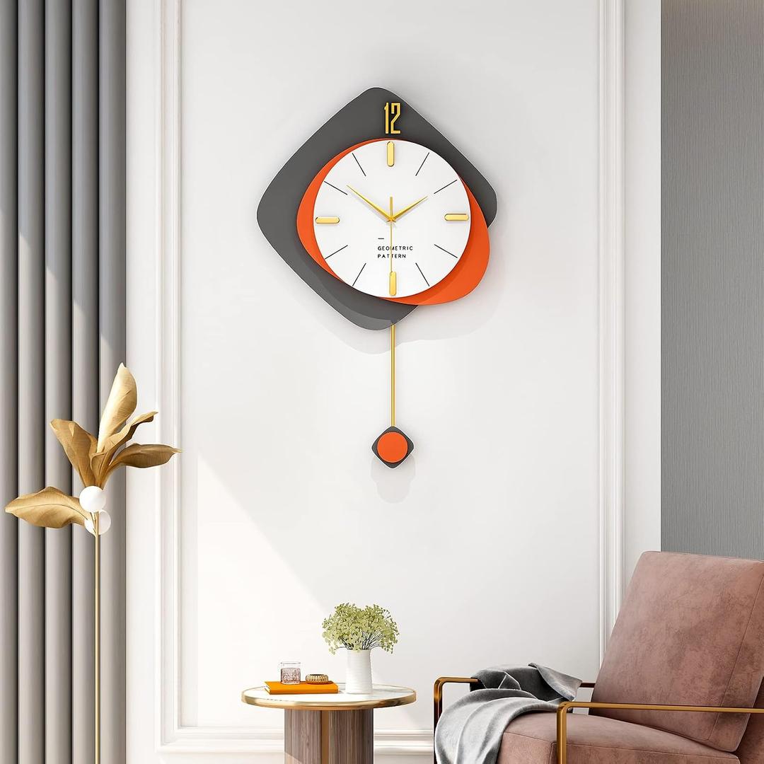 FLEBLE Modern Large Wall Clocks for Living Room Decor Wood Silent Decoration Wall Clock Pendulum Battery Operated Non-Ticking for Kitchen Bedroom Office Home 16 inch Clock Wall Decor for Indoor House, 16*24in