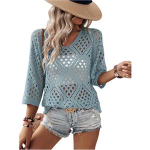 Verdusa Crochet Boho Tops 3/4 Length Sleeve Womens Tops Off The Shoulder Summer Sweater Beach Cover Ups (Medium, Light Blue)