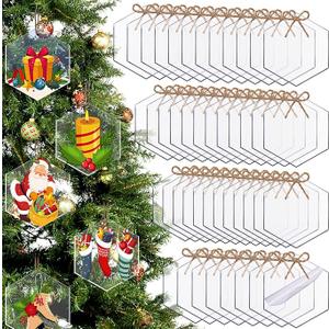 Jetec 48 Pcs 3 Inch Acrylic Ornament Blanks Clear Acrylic for DIY Christmas Ornament and Crafts Christmas Tree Decoration Hanging Tags with Hole for Xmas Tree Decor and Keychains(Hexagon Style)