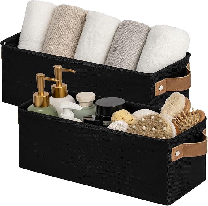 StorageWorks Narrow Storage Bins, Small Basket for Closet and Shelves, Fabric Organizer with Handles, Toilet Paper Storage, Black, 2-Pack, Size: 15"L x 6"W x 5"H