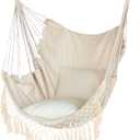 Hammock Chair, Hanging Rope Swing Seat with 2 Cushions,Macrame Hanging Chair Side Pocket with High Load-Bearing Metal Rod,for Indoor, Outdoor, Extra Comfortable (Beige)