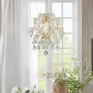 Bestier Gold Modern Pendant Chandelier Crystal Raindrop Lighting Ceiling Light Fixture Lamp for Dining Room Bathroom Bedroom Livingroom entryway 1 E26 Bulbs Required D13 in x H16 in