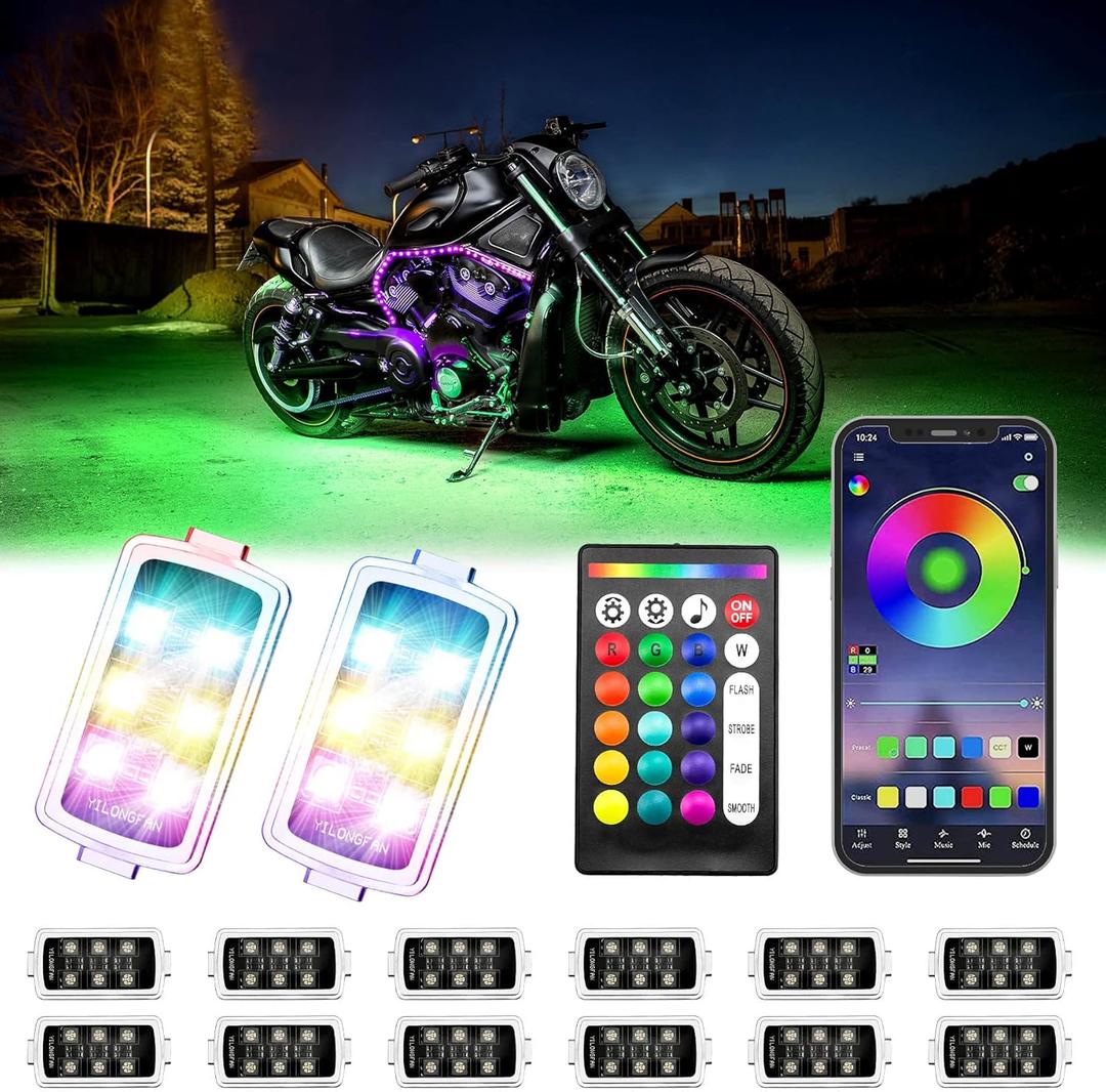 Motorcycle RGB LED Light Kit 12Pcs Magic RGB LED Strip Lights for Car ATV UTV 7.5ft Smart LED Lights Music Sync Color Changing Lights APP Remote Control Wireless DC 12V Smart Brake Lights (12pcs Chrome Pods)