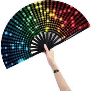 Amajiji Large Folding Hand Rave Fan Popping Fan for Line Dancing Clacking Fans for Dance,Party,Decoration,Festival (DJ Lighting)