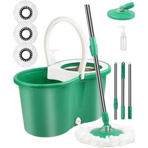 Hand Free Household Mop and Bucket with Wringer Set,Operable 360  Rotating Mop Bucket Set with 3 Microfiber Replacement Head and Stainless Steel 56" Extended Handle for Office and Home use(Green)