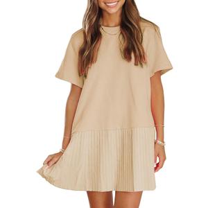 EXLURA Womens Summer Casual Short Sleeve Dress Crewneck Tshirt Dresses Pleated Aline Mini Dress 2025 Vacation Beach Sundress (Beige, M)