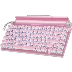 Retro Typewriter Wireless Mechanical Gaming Keyboard, Bluetooth 5.0 Office Computer Vintage Keyboards 83-Key Blue Switches Punk Round Keycap, LED Backlight, Compatible with PC/Laptop/Pad/Phone, Pink