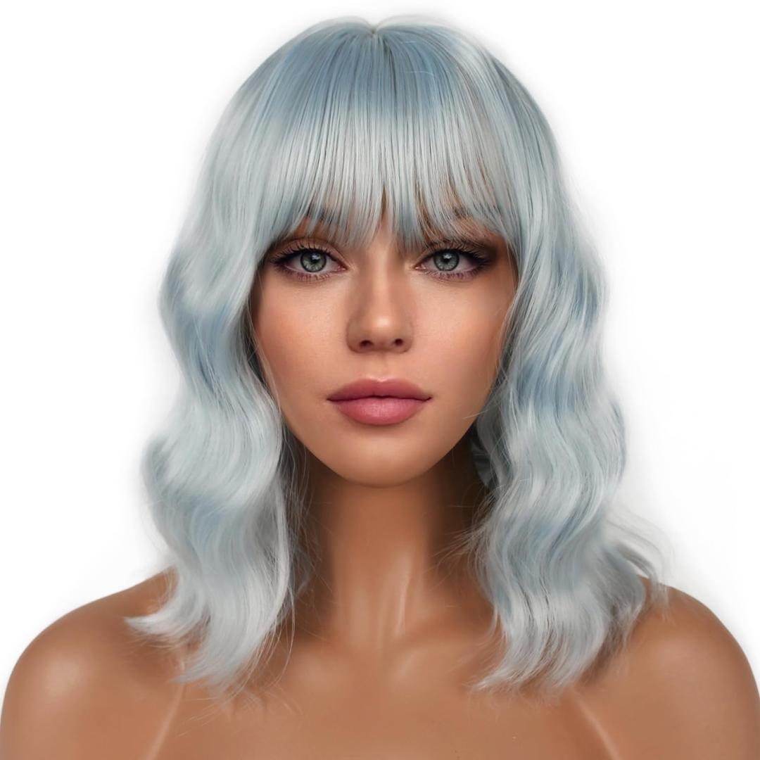 Short Bob Wigs with Bangs for Women Loose Wavy Wig Curly Wavy Shoulder Length Bob Synthetic Cosplay Wig for Girl Colorful Costume Wigs (Ice Blue)