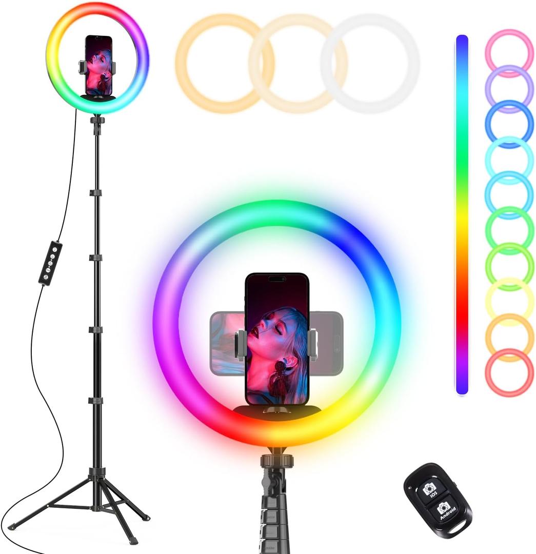 UBeesize 12 RGB Selfie Ring Light with 62 Extendable Tripod Stand & Remote, LED Light with Phone Holder for Video Recording/Makeup/Content Creator (YouTube/TikTok/Twitch), Phone, Camera & Webcam