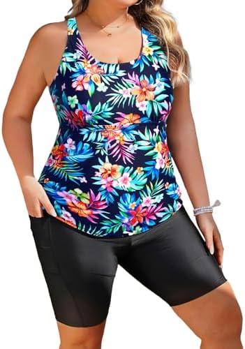 Plus Size Tankini with Shorts - Women Two Piece Bathing Suit Top Tummy Control Swimwear Bottom with Pockets, Size 16W