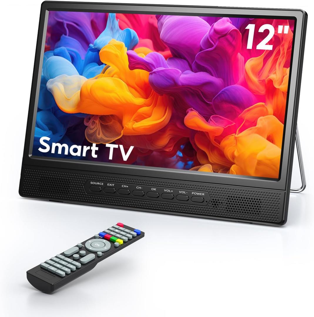 Desobry 12" Small Smart TV, LCD Small Kitchen TV with WiFi, Built-in 180Adjustable Stand/ATSC Tuner/HDMI/AV/USB for Kitchen, Bedroom, Camping, RV, Small Space