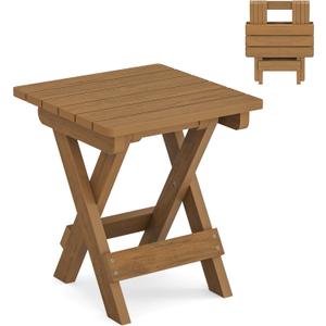 LUE BONA Small Outdoor Folding Side Table, HDPS Outside End Table for Patio, Porch, Deck, Pool, 14 Inch Height, Teak Color Oil Printed